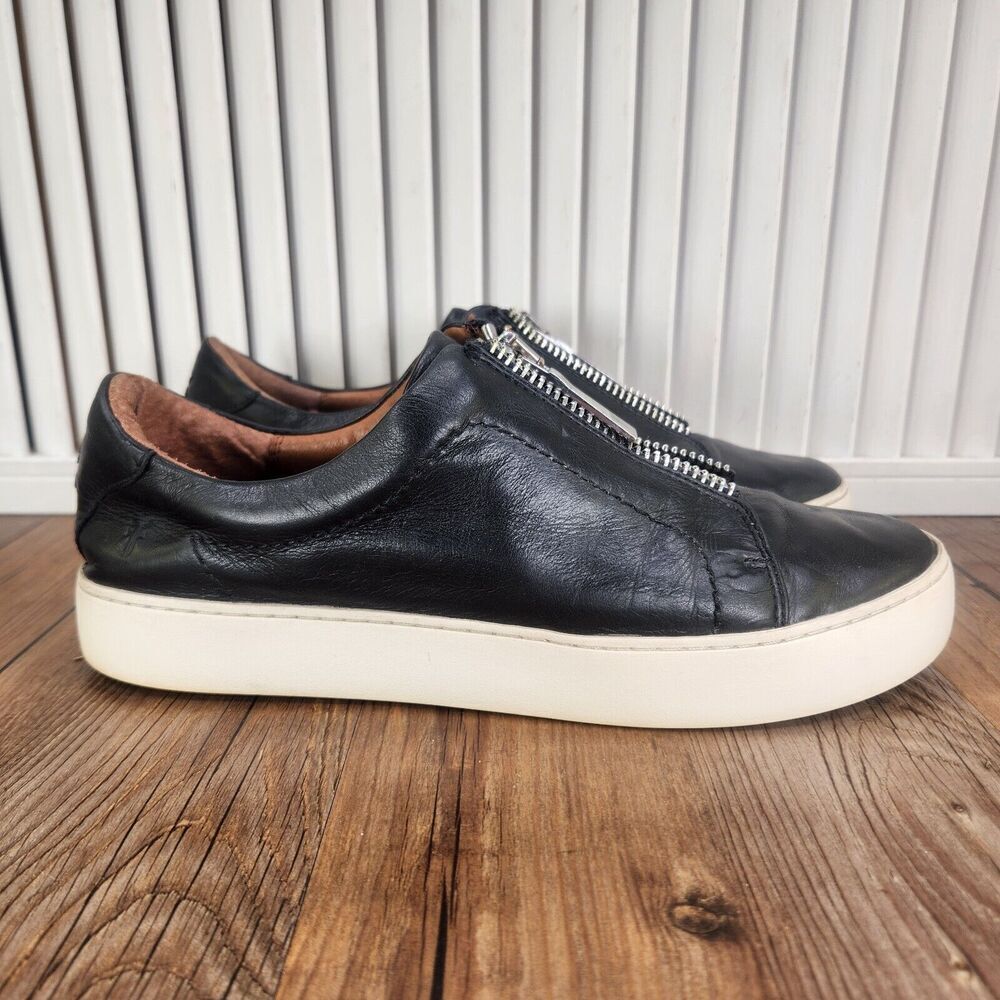 Frye Rebel Lena Womens Sz 9 M Black Leather Zip Vamp Low Top City Sneakers Shoes